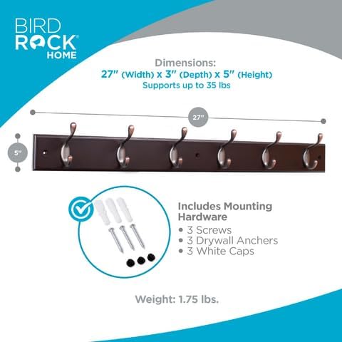 BIRDROCK HOME Oval Hook Coat and Hat Rack | 6 Hooks| Wall Mount | Brown Finish - Image 3