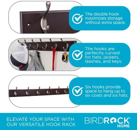 BIRDROCK HOME Oval Hook Coat and Hat Rack | 6 Hooks| Wall Mount | Brown Finish - Image 4