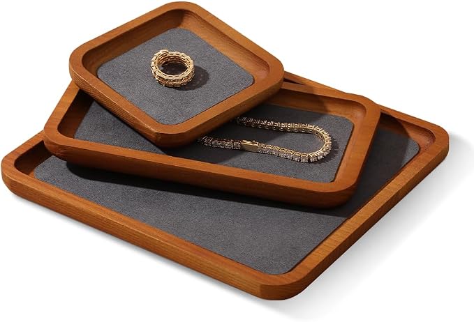 Wooden Jewelry Display Tray Rounded Rectangle Ring Showcase Stackable Elegant - Image 2