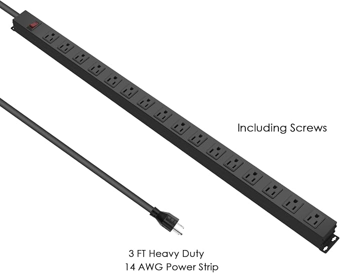 HHSOET Metal Wall Mount Power Strip, 16 Outlets, 3 FT SJT 3/C 14AWG Power Cord - Image 4