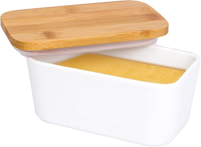 Butter Dish with Lid, LARGE 650ml Porcelain Keeper with Bamboo Lid Cover - Image 6