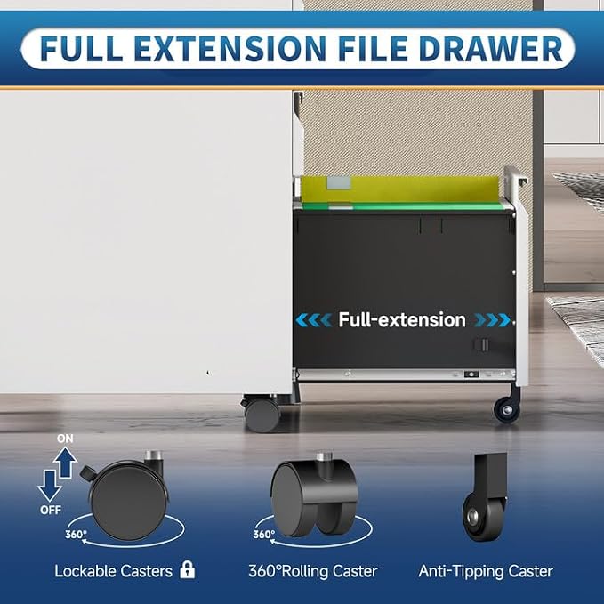 File Cabinet for Home Office, 3 Drawers Mobile File Cabinets Rolling, Under - Image 4