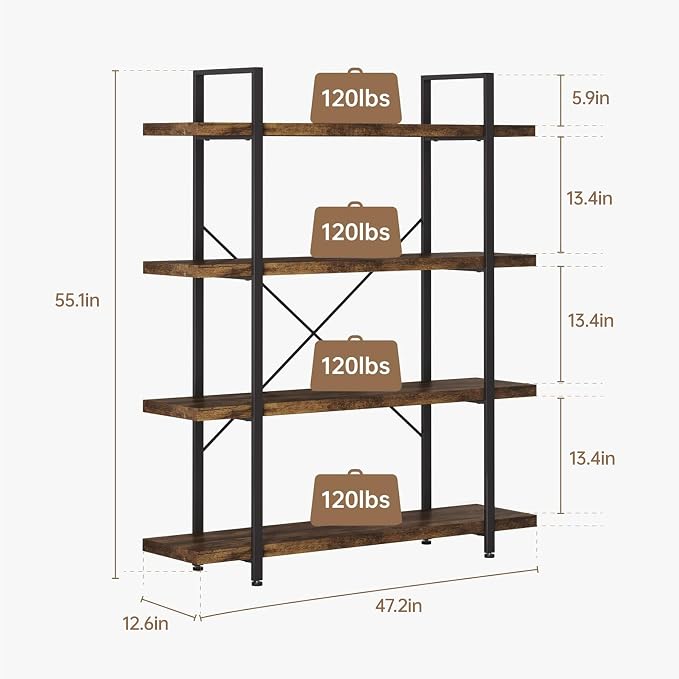 Bookshelf Set, Heavy Duty 4-Tier Industrial Bookcase, 120lbs Shelf Capacity - Image 2