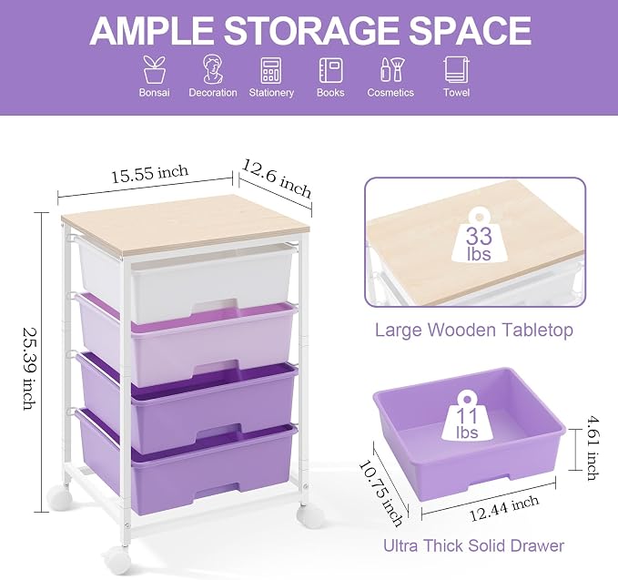 Utility Cart with 4 Drawers, Rolling Storage Cart with Drawers, Storage Rolling - Image 3