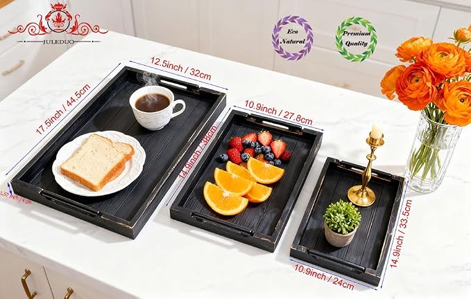 Coffee Table Tray Decorative Nested Vintage Wood Serving Tray Set - Image 2