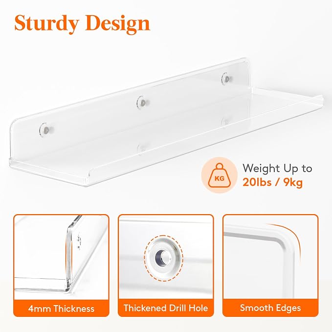 Lifewit Floating Shelves for Wall, 6 Pack 15" Clear Acrylic Shelf Room Decor - Image 4