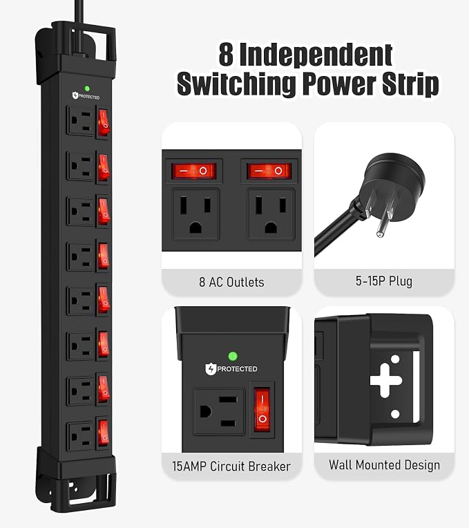 Heavy Duty Power Strip with Individual Switches, 8 Outlets 14 Gauge Industrial - Image 7