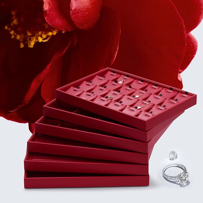 Oirlv Gorgeous Red Leather Ring Organizer Tray Jewelry Display Tray Stackable - Image 3