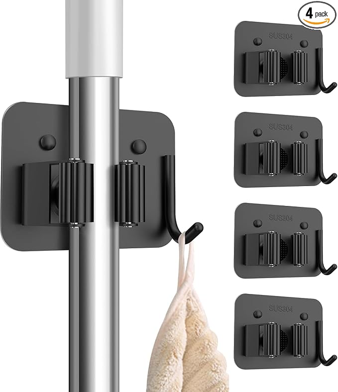nacena Broom Holder Wall Mount, 4 Packs Black Stainless Steel Mop and Broom by NACENA