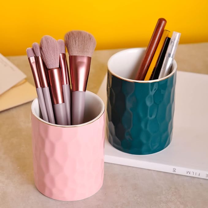 WHJY Ceramic Pink Pencil Cup, Makeup brushes Holder, Modern Geometry Design Pen - Image 5