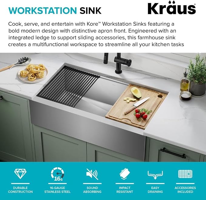 KRAUS Kore 36-Inch Farmhouse Workstation 16 Gauge Single Bowl Stainless Steel - Image 3