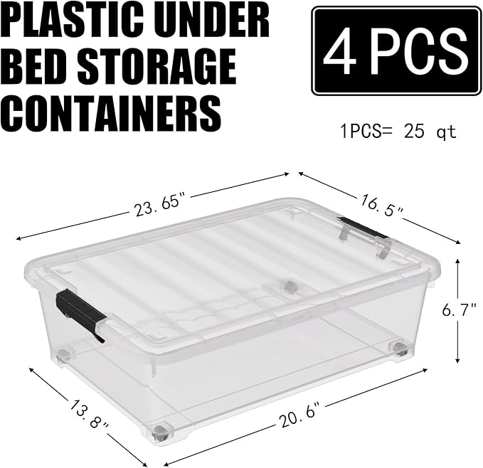 4 Pack Multipurpose 25 Qt Underbed Secure Latching Bin, Plastic Storage - Image 2