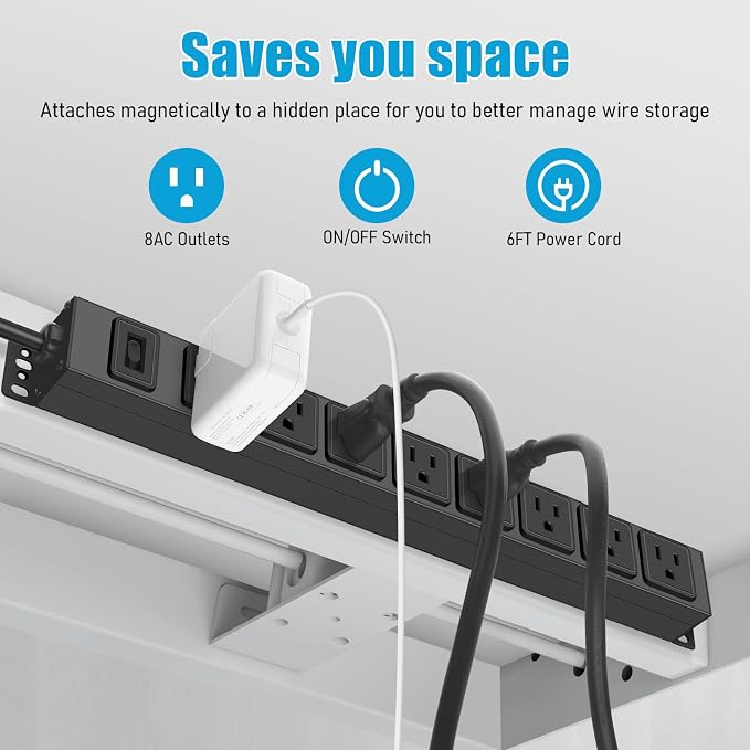 HHSOET Magnetic Mount Power Strip, 8 Outlet Mountable Socket, Metal Heavy Duty - Image 4