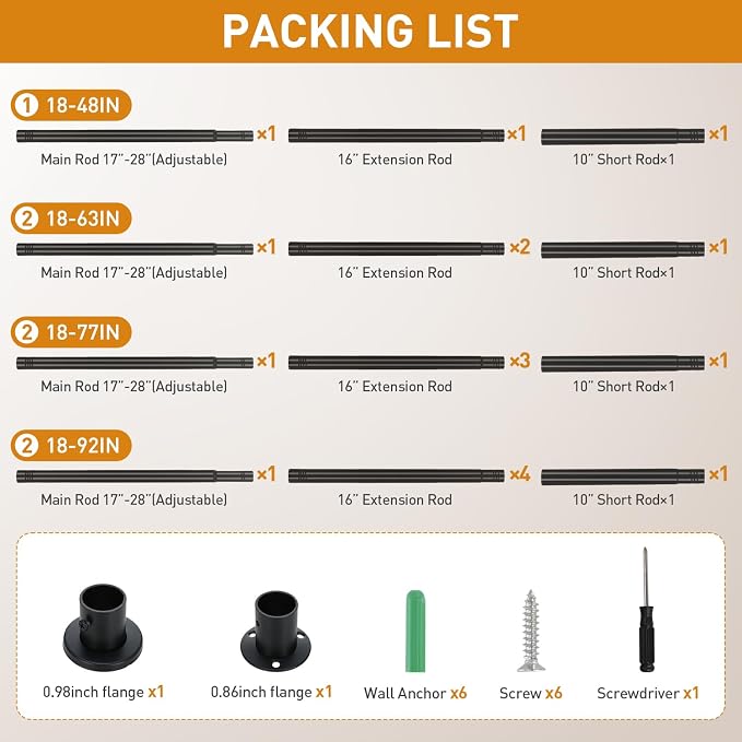 Black Adjustable Closet Rod 18-77 Inches, Heavy Duty Metal Clothes Hanging Rod - Image 9