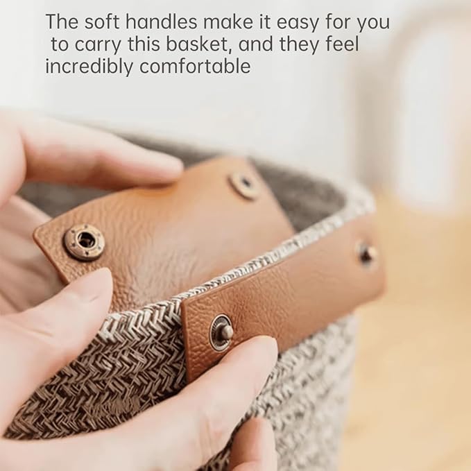 Small Cotton Woven Basket with PU Leather Handle, Baby Kids Clothes Toys Candy - Image 3