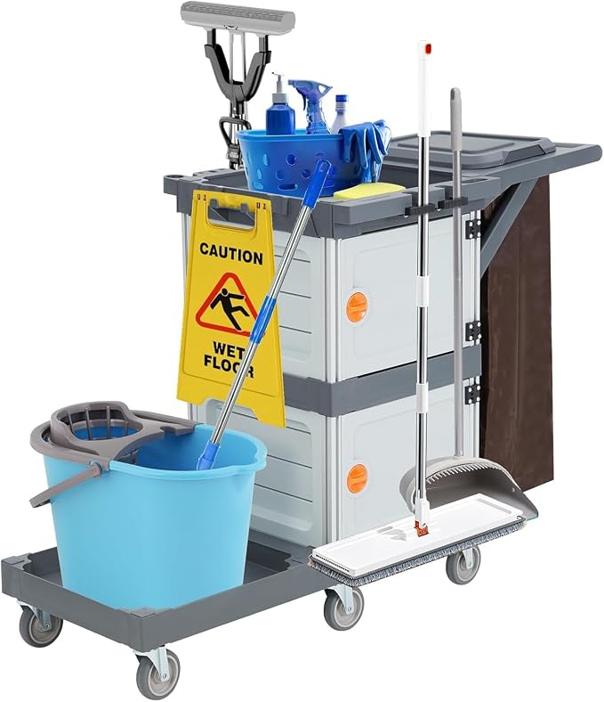 Commercial Janitorial Cleaning Cart: 3 Shelves + 2 Cabinets + Oxford Bag + Cover by Unknown