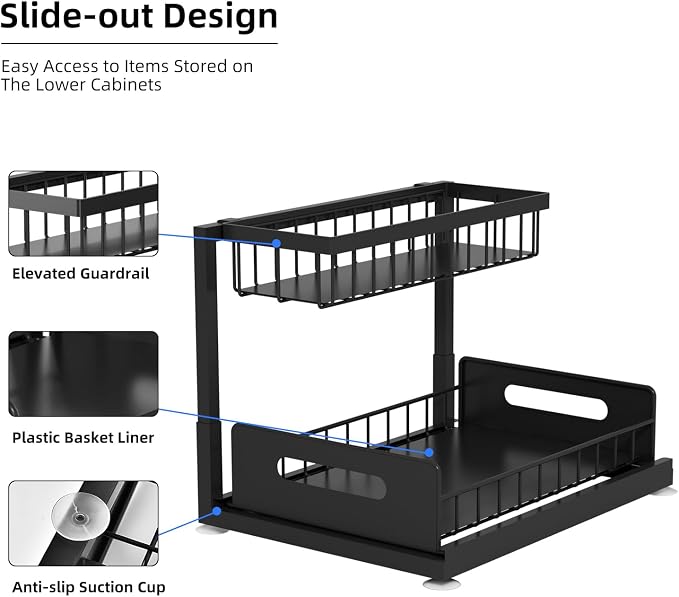 2-Tier Under Sink Slide Out Organizer, 2 Pack Pull Out Cabinet Storage Shelf - Image 3