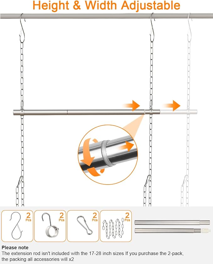 Hanging Closet Rod, Adjustable Width and Height Closet Rods Extender, 17-28inch - Image 4