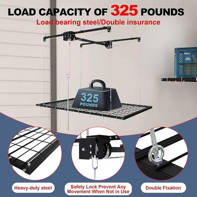 Overhead Garage Storage Rack 4x8 FT, Adjustable Ceiling Lift Storage System - Image 3