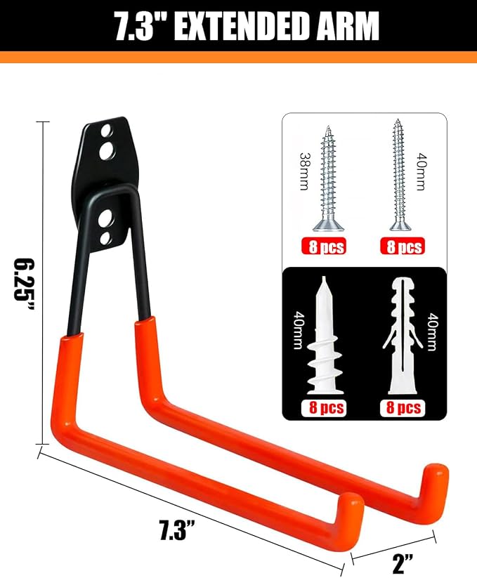 WMK 7.3'' Garage Hooks Heavy Duty Wall Hook, 4 Pack Garage Storage Hook - Image 2