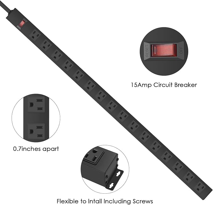HHSOET Metal Wall Mount Power Strip, 16 Outlets, 3 FT SJT 3/C 14AWG Power Cord - Image 3