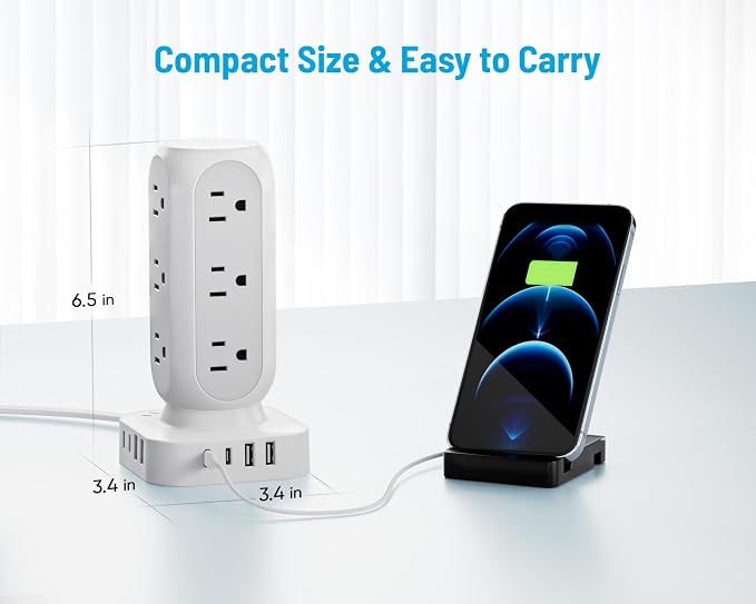 65W Fast Charging Station, Flat Plug Power Strip Tower - Image 6