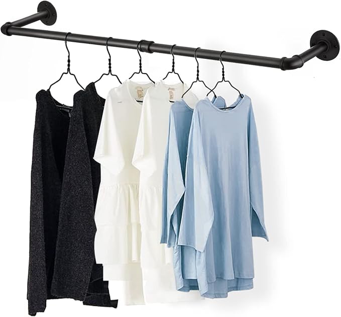 54” Wall Mounted Clothes Rack, Industrial Pipe Black Iron Garment Bar, - Image 8