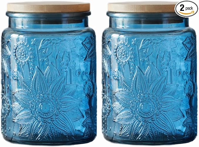 ANSQU 23.7 FL OZ Blue Glass Jars, 2 Pack Vintage Glass Kitchen Storage Counter by ANSQU