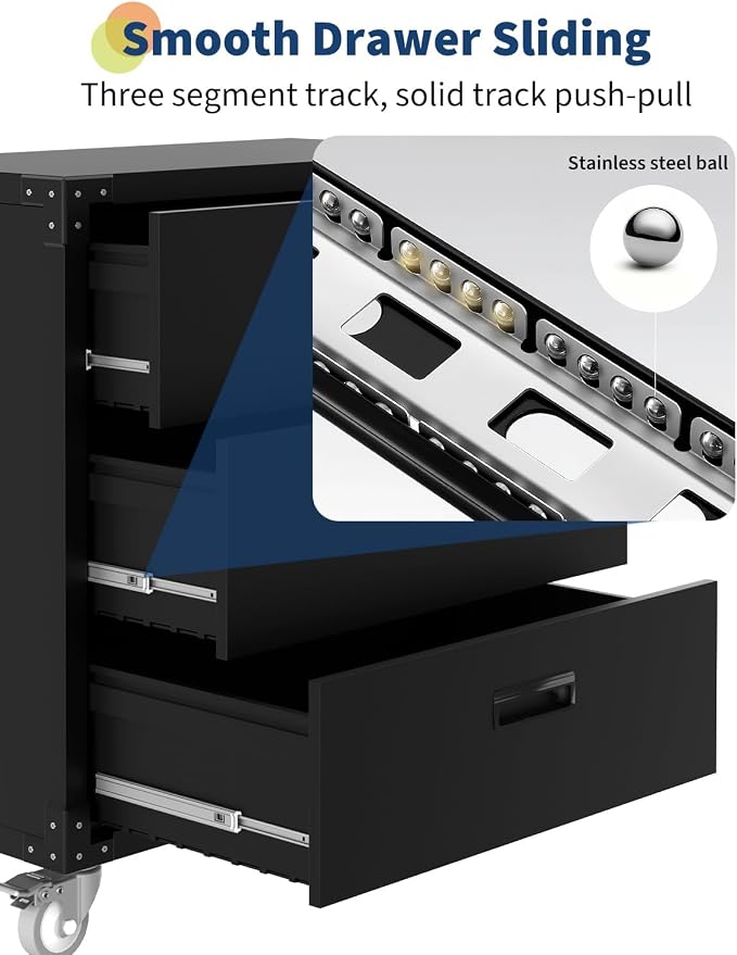 3-Drawer Rolling Tool Cabinet, Heavy Duty Metal Storage Cabinet on Wheels - Image 3