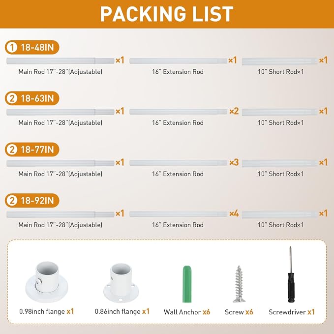 White Adjustable Closet Rod 18-48 Inches, Heavy Duty Metal Clothes Hanging Rod - Image 9