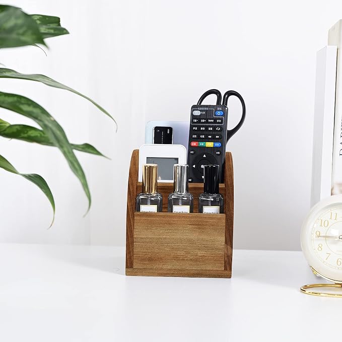 OKSQW Rustic Vintage Wooden Desk Organizer Farmhouse Wood Remote Control Caddy - Image 5