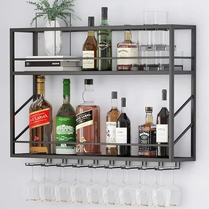 Wall Mounted Wine Rack with Glass Holder, 2-Tier Multi-Functional Shelf by ZAOBAS