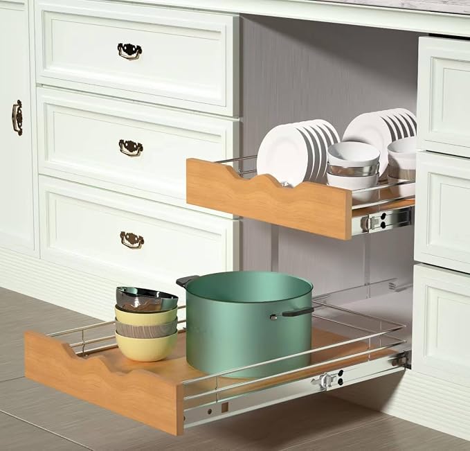 DINDON 2 Tier Pull Out Cabinet Organizer Slide Out Wood Shelf Double Tier - Image 8