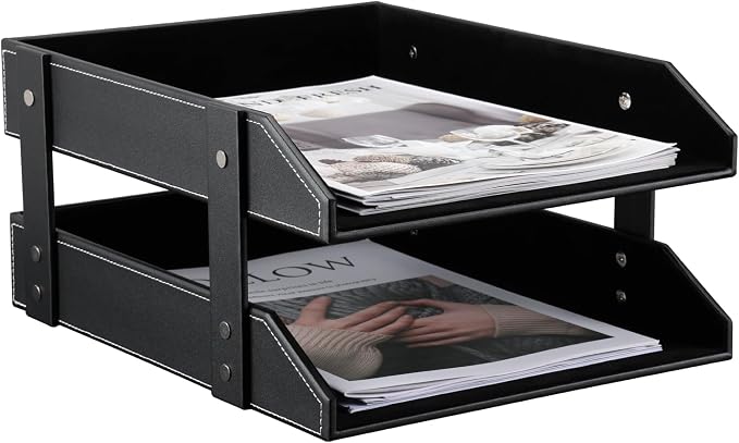 KINGFOM Letter Tray, Leather Paper Organizer Tray, Wooden Desk File Holder by KingfomLeatherHomeOfficeDecor