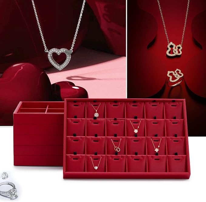 Oirlv Gorgeous Red Leather Ring Organizer Tray Jewelry Display Tray Stackable - Image 2