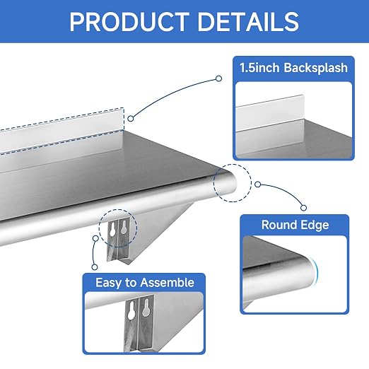 ROCKPOINT Stainless Steel Shelf 10 x 36 Inches 240lb, 2 Pack NSF Metal - Image 7