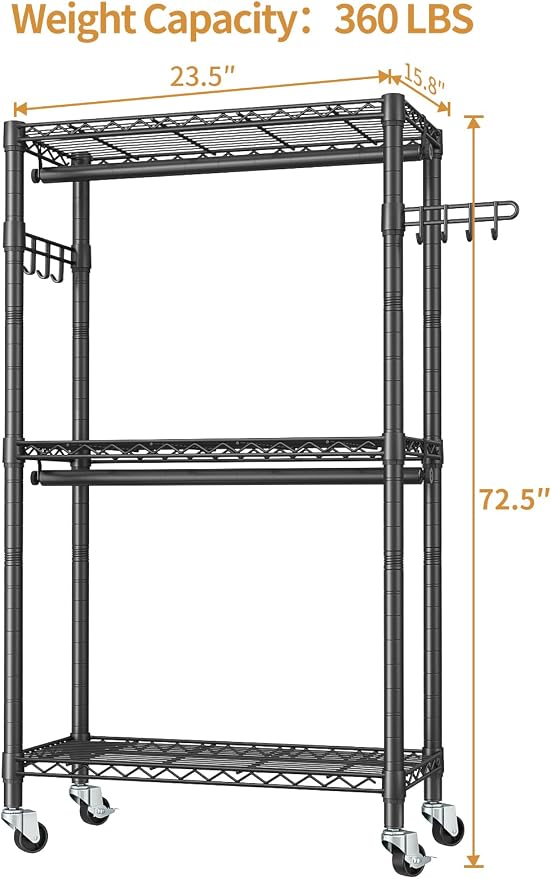 Heavy Duty Clothes Rack Rolling Garment Rack, 3 Tier Adjustable Wire Shelving - Image 4