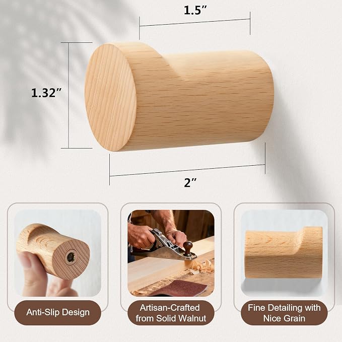 Wooden Wall Hooks 4 Pack, Modern Decorative Coat Hook Wall-Mount, Handmade - Image 6