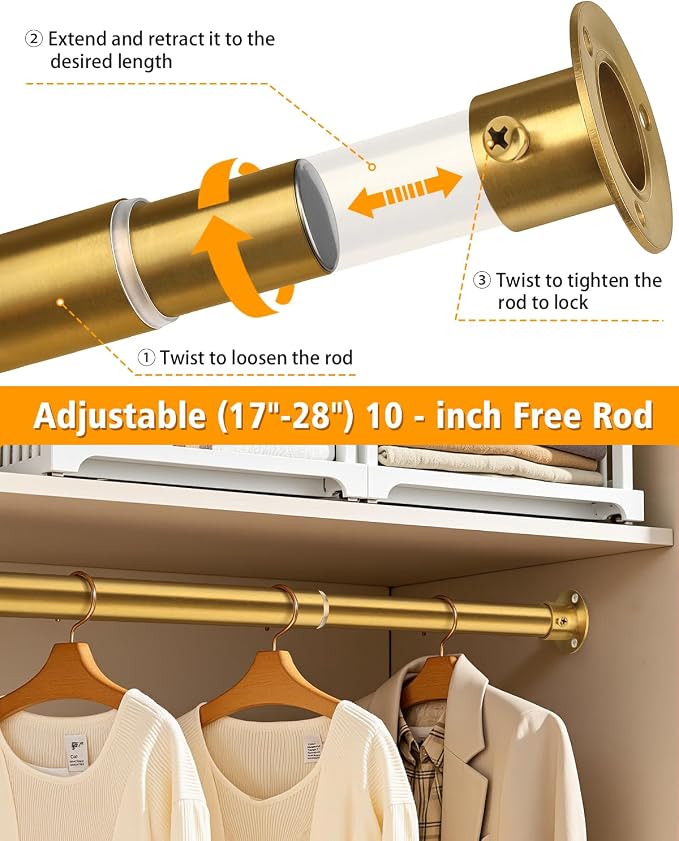Closet Rods for Hanging Clothes, 17-28 Inch Heavy Duty and Stepless Adjustable - Image 4