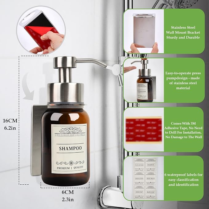 Glass Soap Dispenser with Pump and Wall Mount Holder, 8.5 Oz Shampoo and - Image 4