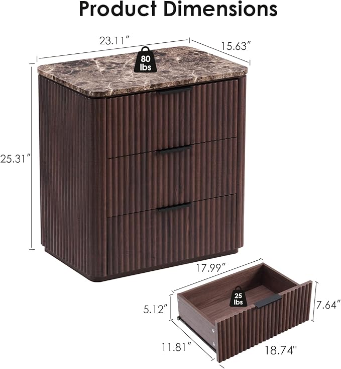 Fluted Nightstand with 3 Drawers, Engineered Wood Bedside Table with Faux - Image 2