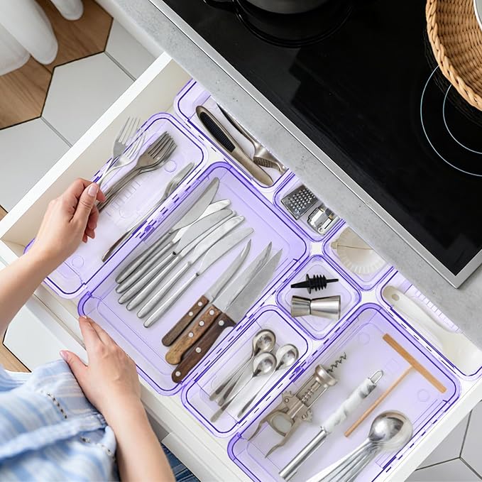 14 Pcs Adjustable Clear Drawer Organizer, Extendable Vanity Storage Bins - Image 8