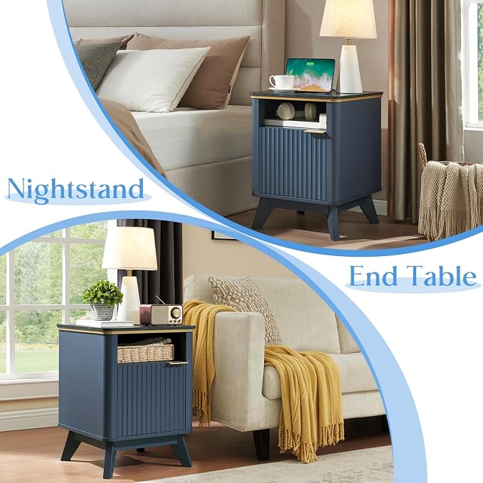 QUW Fluted Nightstands with Charging Station, Wooden Bedside Table with Faux - Image 7