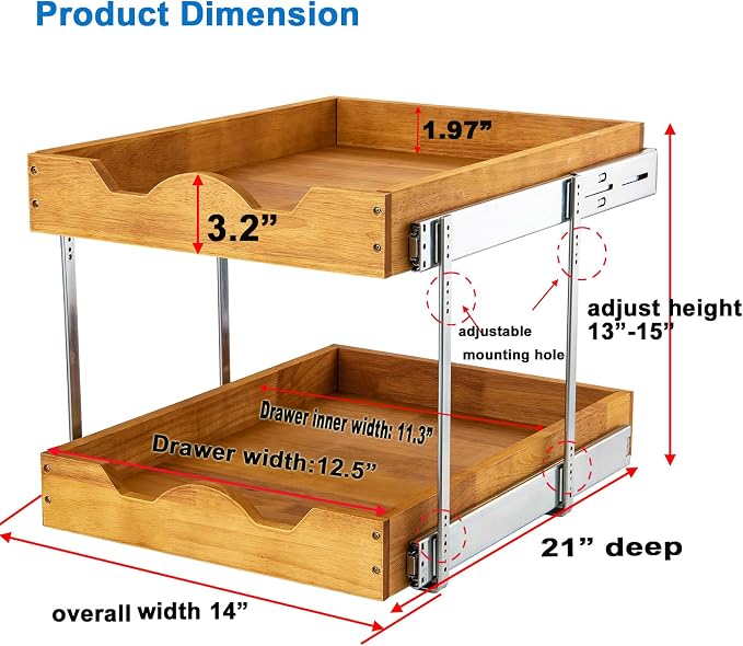 DINDON 2 Tier Pull Out Cabinet Organizer Double Tier Slide Out Wood Drawer - Image 2