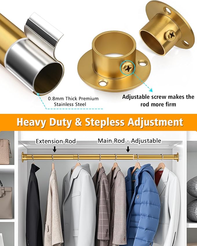 Closet Rods for Hanging Clothes, 17-40 Inch Heavy Duty and Stepless Adjustable - Image 3