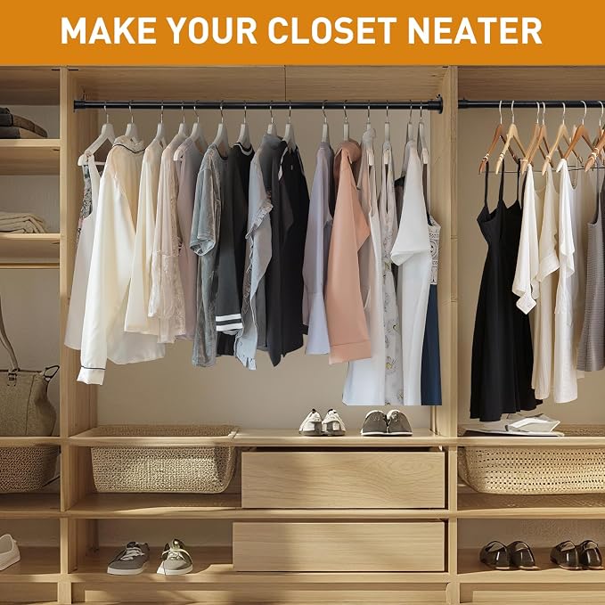 Black Adjustable Closet Rod 18-63 Inches, Heavy Duty Metal Clothes Hanging Rod - Image 2