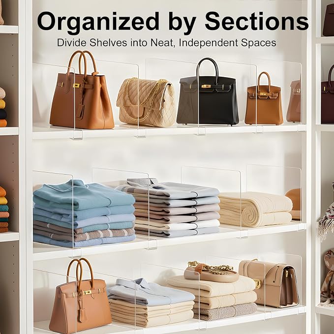 Purse Organizer for Closet Shelf Dividers: 12-Pack Adjustable Clear Acrylic Bag - Image 3