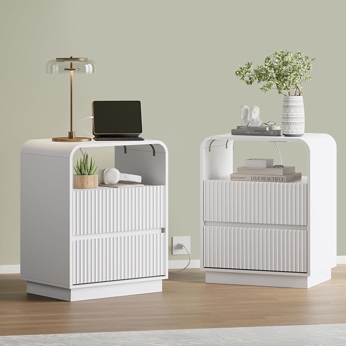 White Nightstand with Charging Station, Mid Century Modern Bedside Table & End - Image 3