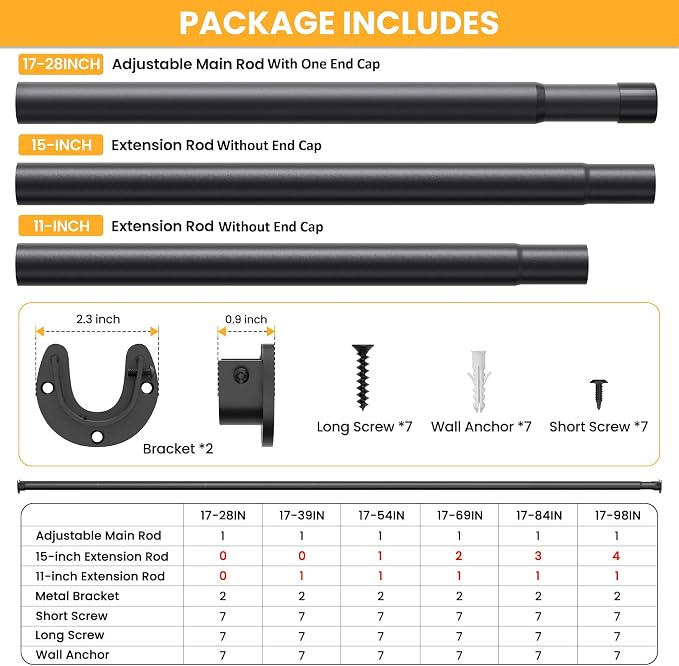 2 Pack Closet Rods for Hanging Clothes, 17-98 Inch No-Cut Stepless Adjustable - Image 4