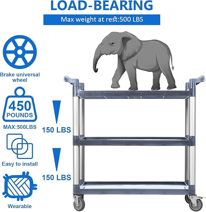 3-Tier Service Cart，3-Shelf Rolling Push Cart - Image 5